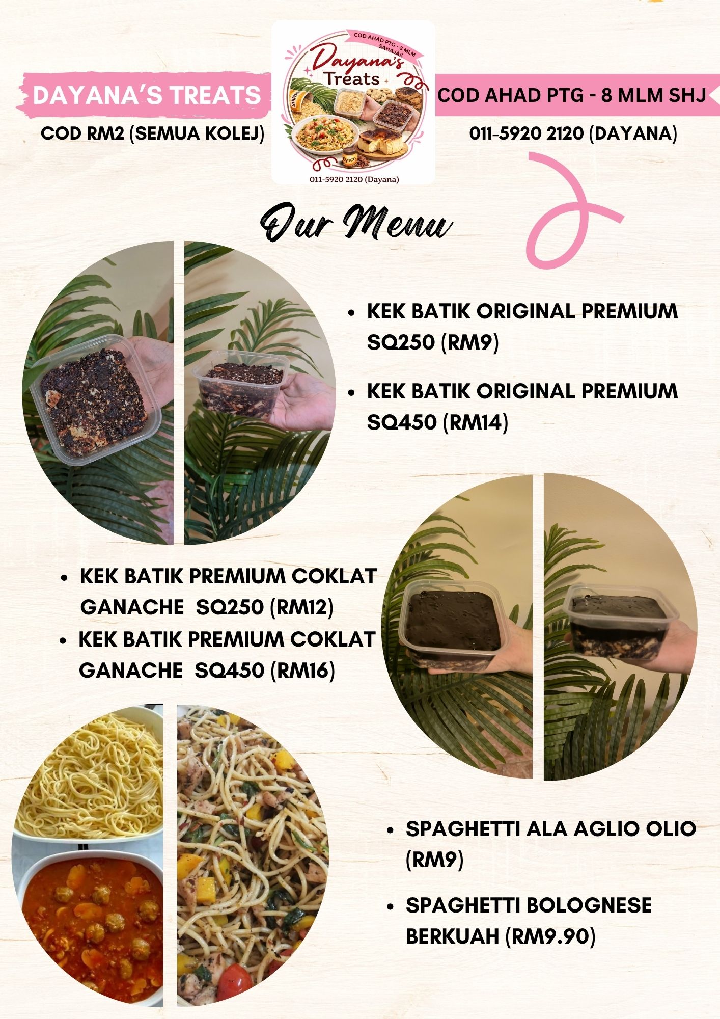 Kek Batik Original Premium 7 bahan, Kek Batik Premium Coklat Ganache 10 bahan, Spaghetti Goreng ala Alio Olio dan Spaghetti Bolognese Berkuah